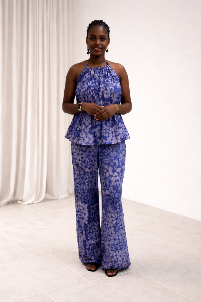 Adire Co-ord set- Halter Neck Top & Trouser (Navy Blue)