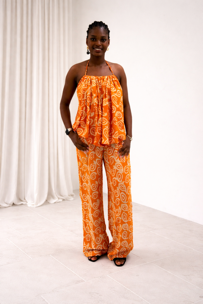 Adire Co-ord Set – Halter Neck Top & Trouser (Orange)