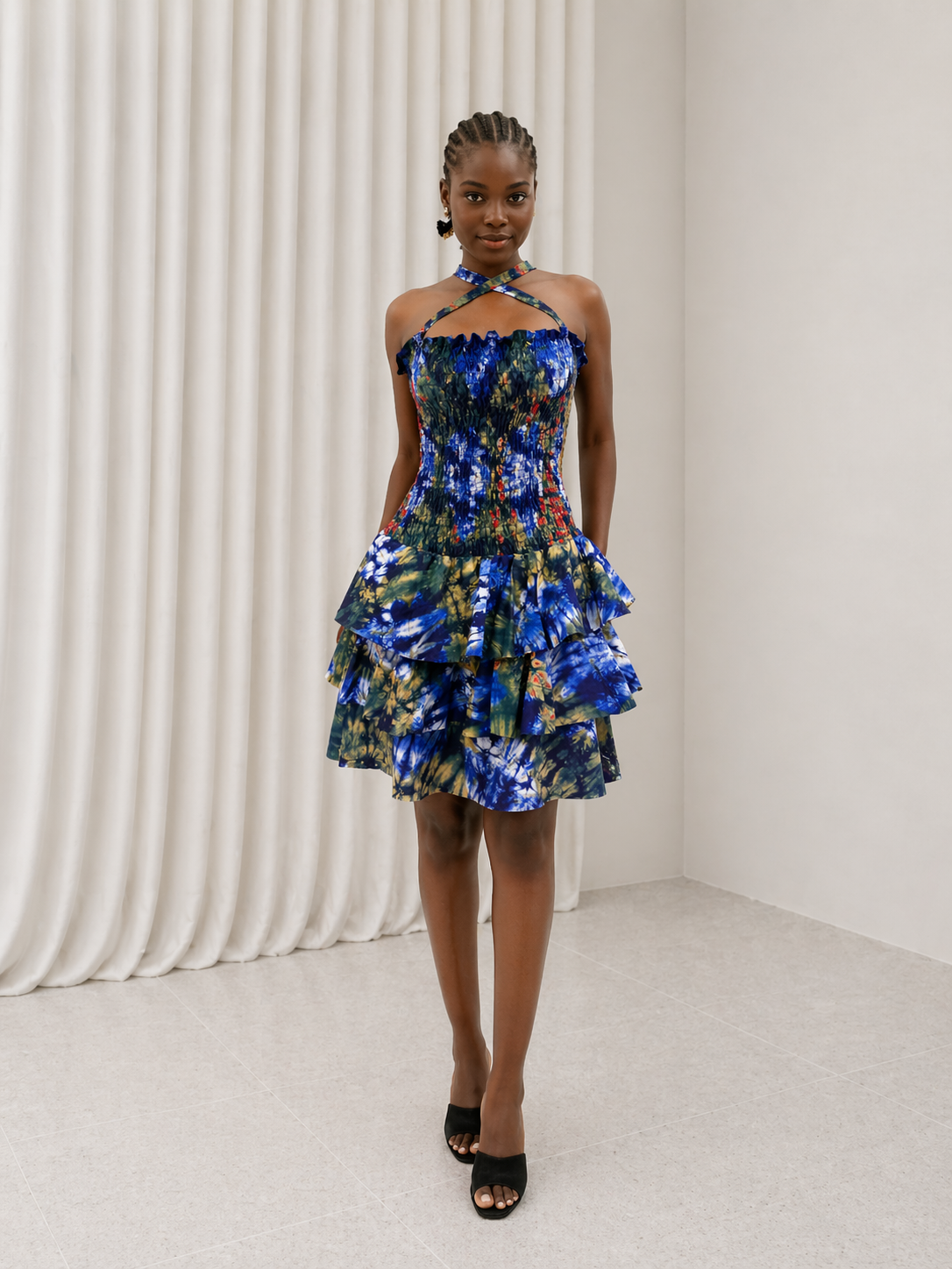 Smocked Ankara Tiered Mini Dress – Blue Multicolor - Image 1