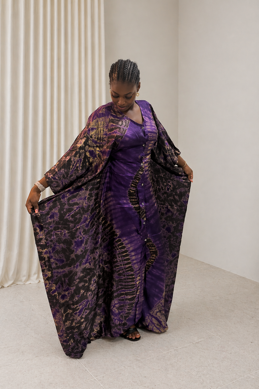Tie-dye Button Down Maxi Kaftan Dress – Purple - Image 1