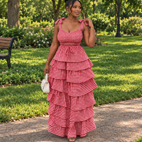 Gingham Smocked Top & Tiered Flare Skirt Set - Image 1