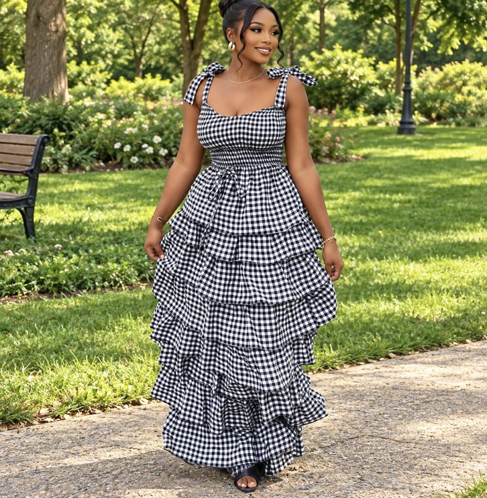 Gingham Smocked Top & Tiered Flare Skirt Set