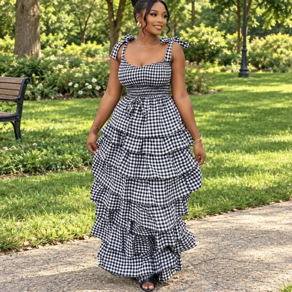 Gingham Smocked Top & Tiered Flare Skirt Set - Image 2