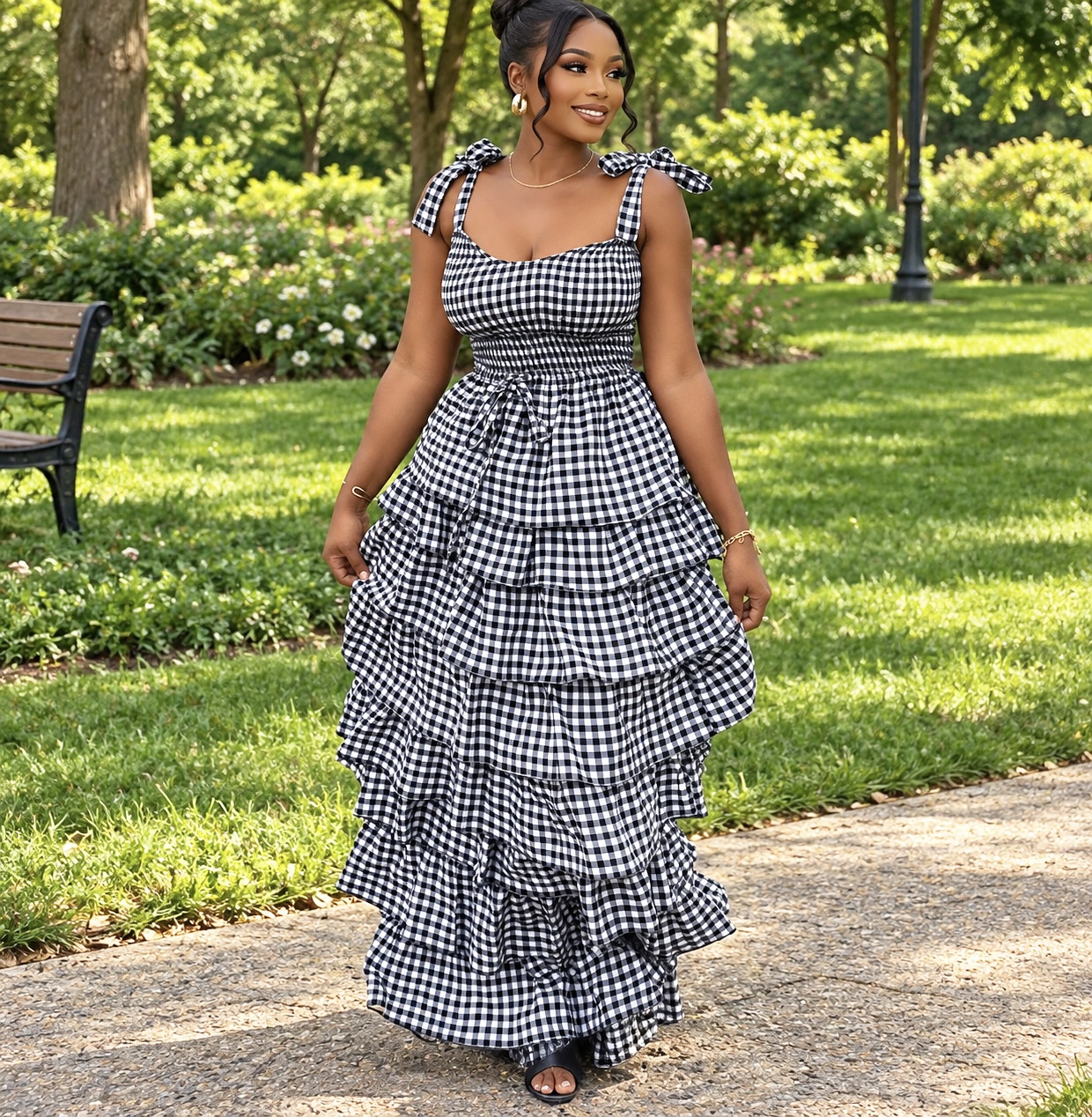 Gingham Smocked Top & Tiered Flare Skirt Set - Image 2